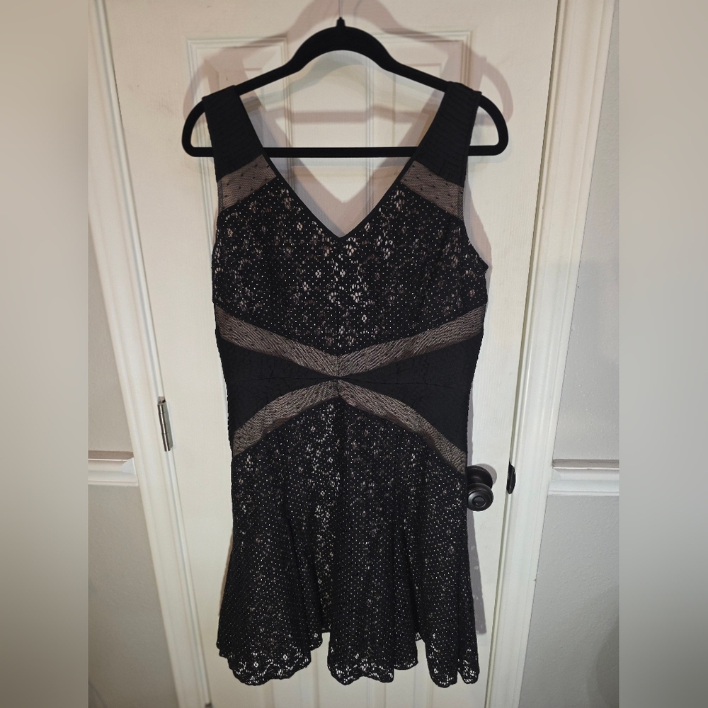 Ann Taylor Black Lace Mini Dress with Taupe Trim